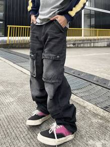 Manfinity EMRG Men's Casual Loose Fit Cargo Pockets Wide Leg Jeans - Black - View 3