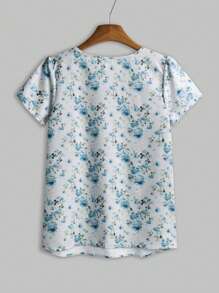 EMERY ROSE Summer Casual Ditsy Floral Puff Sleeve Shirt,Short Sleeve Tops - Blue - View 2