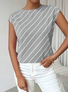 SHEIN Essnce Áo sơ mi nữ mùa hè Áo phông kẻ sọc rộng rãi cho đi làm hàng ngày và mặc thường ngày - Xám - Xem 4