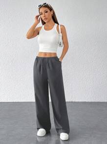 SHEIN PETITE Pantaloni lunghi con coulisse in vita e tasche - Grigio Scuro - Visualizzare 4