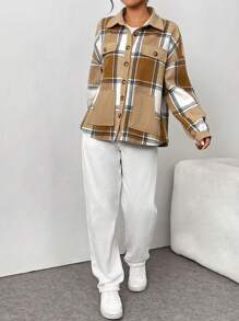 SHEIN LUNE 女式格子领口袋纽扣保暖夹克，秋冬 - 卡其色 - 查看 5