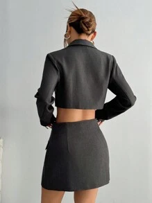 Flirla 1 套春夏休闲纽扣短夹克和开衩下摆裙套装 - 深灰色 - 查看 2