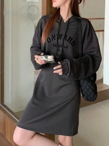 FRIFUL Women's Hooded Drawstring Long Sleeve Casual Loose Comfortable Long Dress