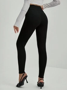 SHEIN Tall 纯色弹力高腰蚂蚁布长裤 - 黑色 - 查看 4