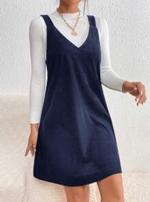 SHEIN Essnce Solid Color Loose Spaghetti Strap Mini Dress, Casual Daily Wear - Navy Blue - View 3