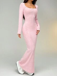 SHEIN EZwear Women's Solid Color Simple Long Sleeve Knitted Dress - Pink - View 5