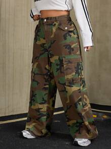 SHEIN ICON Plus Size Women Wide Leg Loose Washed Camouflage Cargo Denim Pants