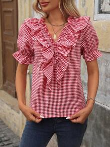 SHEIN LUNE Camicia casual a quadri con scollo a V con volant