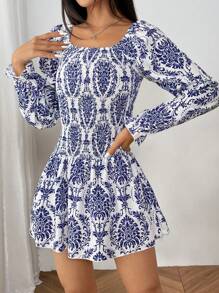 SHEIN Unity Women's Vacation Plant Print Round Neck Long Sleeve Ruffle Hem Short Fashionable Dress Fall Cloth For Women - Blue - View 5