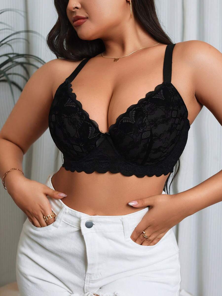 1pc Black Lace Pushup Bra With Side Support, Plus Size Lingerie - Black - View 1