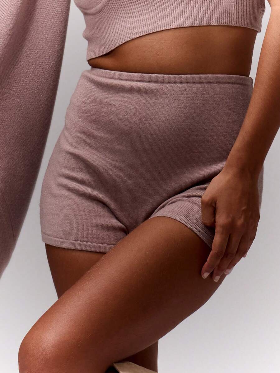 MUSERA Knitted Mini Shorts - Apricot - View 1