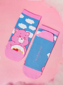 SHEIN X Care Bears 3 pares/Paquete de calcetines de tobillo para mujer con patrón de oso de dibujos animados y color contrastante, regalos