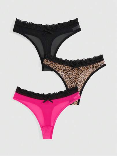ROMWE J-Fashion 3pcs/Pack Gyaru Shebuya Girl Leopard Print Mesh Lace Patchwork Contrast Binding Panties For Women