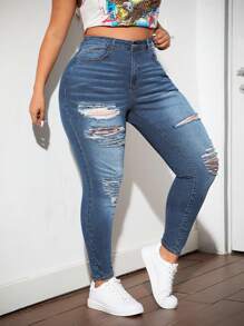 SHEIN ICON Plus Size Blue Denim Skinny Jeans With Rips, Casual - Medium Wash - View 4