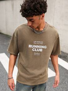 Manfinity EMRG Camiseta holgada de uso diario casual con cuello redondo, manga corta y estampado de letras, popular - Marrón - Ver 5