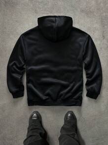 Manfinity EMRG Men's Contrast Color Embroidery Detail Front Zipper Long Sleeve Simplistic Hooded Sweatshirt, Casual Zipper Sweatshirt - Black - View 2