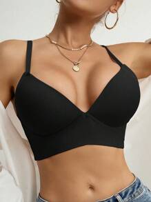 Women's Casual Black Backless Fabric Bralette Bra Top - Black - View 4