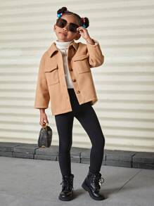 SHEIN Mantel Wol Polos Kasual Longgar untuk Anak Perempuan dengan Kerah Lipat - Khaki - View 6
