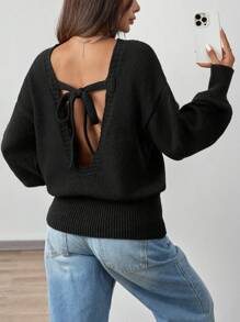 SHEIN EZwear Áo len dệt kim dáng rộng khoét vai xoắn lưng quá khổ cho nữ, màu đen, thu đông - màu đen - Xem 1