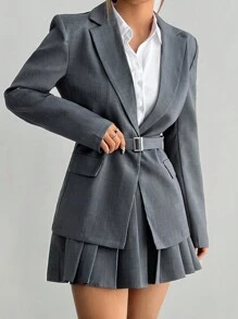 Flirla Early Autumn Solid Color Loose Waistband Blazer & A-Line Ruched Skirt Suit Set Fall Cloth For Women