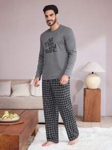 2 stuks heren ronde hals letter print lange mouwen top en geruite zak lange broek nachtkleding set