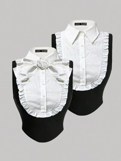 SHEIN MOD 女士复古拼色衬衫领上衣，带可拆卸蝴蝶结的返校衬衫，黑色上衣，衣服，秋季衬衫