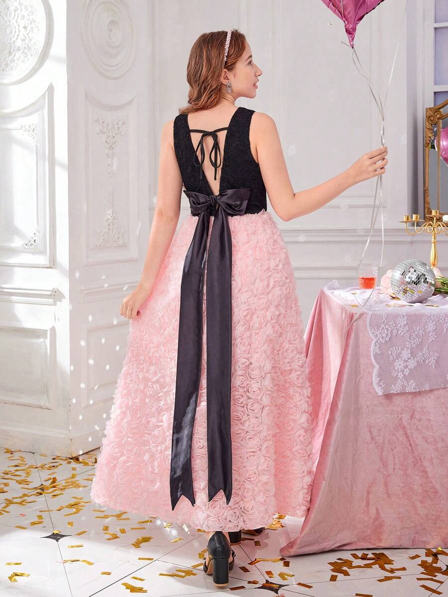 SHEIN Vestido de fiesta sin mangas de cintura alta con parches de encaje y decoración floral, adecuado para Halloween, Navidad, Pascua y otras festividades, para adolescentes - Multicolor - Ver 1