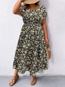 SHEIN LUNE Robe à manches bouffantes col carré à motif floral pour femmes grande taille