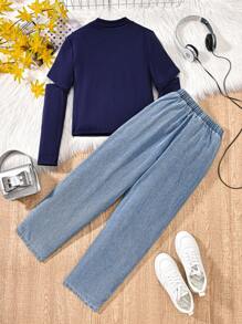 2 piezas/Set Conjunto informal para niñas preadolescentes con camiseta de manga larga hueca 2 en 1 y pantalones vaqueros con parche en forma de corazón - Azul - Ver 2