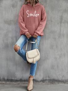 SHEIN Cottnline Baumwoll-Hoodie mit Buchstaben-Grafik, Tasche, Drop-Shoulder und Kordelzug, für zierliche Frauen - Altrosa - Übersicht 3