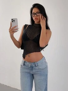 SHEIN SXY 女士迷人休闲闪亮性感条纹网眼透明不对称下摆 V 领背心，适合派对/晚会/俱乐部穿着 - 黑色 - 查看 3