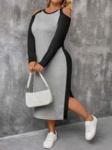 SHEIN LUNE فستان كاجوال كتف مفتوح مع شق جانبي ، مقاس كبير ، ربيع وخريف