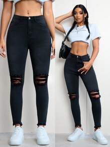 Flexra Simple Solid Front Button Ripped Pockets Casual Denim Pants, Daily Wear - Black - View 6