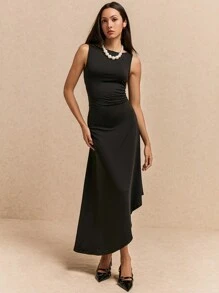 Poéselle Robe midi évasée sans manches à col ras-du-cou unie pour femmes, vêtement chic et essentiel sans effort, élégante Bridgerton