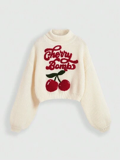 ROMWE Fairycore Casual Graphic Cute Innocent Cherry Embroidered Turtleneck Lantern Sleeve Sweater For Women