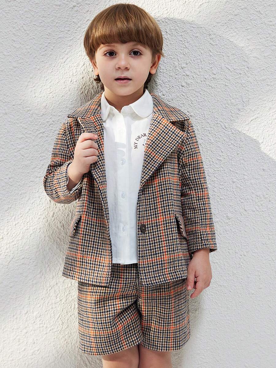 SHEIN Áo khoác dài tay dệt kẻ caro màu nâu thanh lịch cho bé trai tuổi teen, mùa thu đông - màu nâu - Xem 1