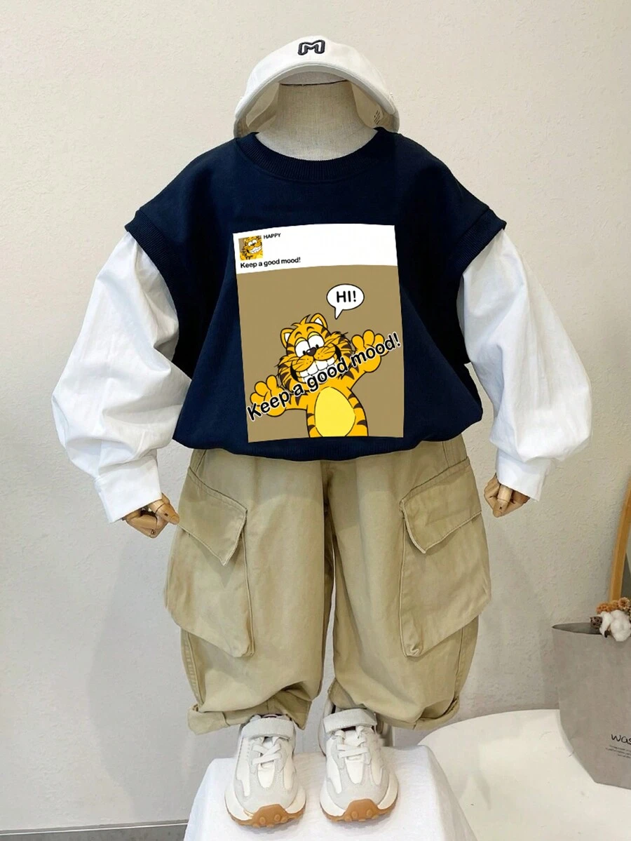 SHEIN Bộ 2 quần áo nỉ in hình động vật hoạt hình thoải mái, phong cách đa năng, mềm mại dày cho bé trai, thích hợp mặc hàng ngày, đi học, ngoài trời, thể thao, mùa thu đông, quần áo mùa thu - Nhiều màu - Xem 1