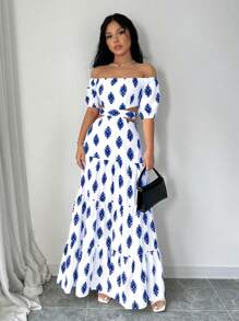 Elenzga Vestido largo de verano de mujer con estampado, hombros descubiertos, cordón en la cintura y diseño hueco