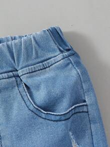 2 pezzi Set composto da felpa con stampa di lettere in stile casual Y2K e jeans in denim consumato per ragazze, autunno/inverno - Bianco - Visualizzare 6