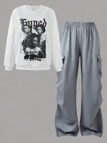 SHEIN Explorewe 少女复古图案印花卫衣和工装裤两件套 - 白色 - 查看 6