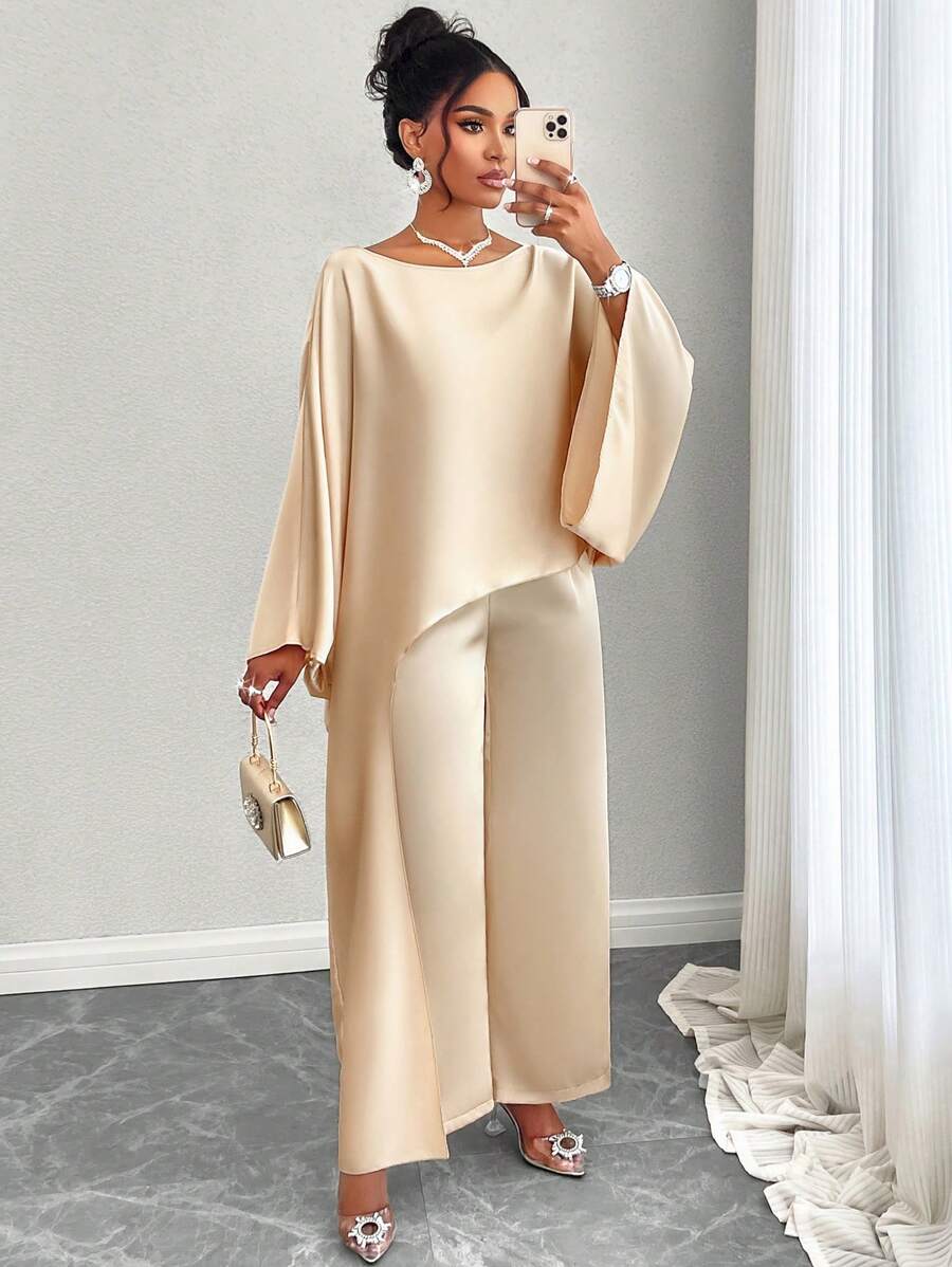 SOLERSUN 女士冬装杏色缎面露肩日常通勤蝙蝠袖超大不对称下摆长袖衬衫直筒裤套装