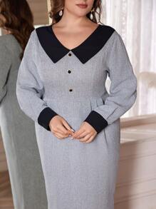 Modelyn Plus Size Elegant Color Block Waisted Dress For Spring & Autumn, Elegant Vintage Fitted Dresses, For Evening Party/Wedding Guest/Anniversary Maxi Women Outfit Long Evening Dresses