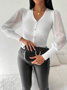 Chiquease Einfarbiger V-Ausschnitt Knopf-Vorderseite Rippstrick Cardigan - Beige - Übersicht 4