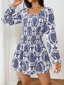 SHEIN Unity Women's Vacation Plant Print Round Neck Long Sleeve Ruffle Hem Short Fashionable Dress Fall Cloth For Women - Blue - View 1