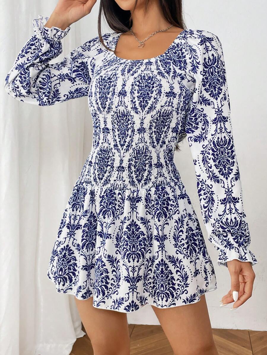 SHEIN Unity Women's Vacation Plant Print Round Neck Long Sleeve Ruffle Hem Short Fashionable Dress Fall Cloth For Women - Blue - View 1