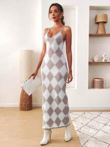 SHEIN VCAY Vestido mini ajustado de camisola de punto con estampado de rombos, vestimenta casual para primavera/otoño - Multicolor - Ver 5