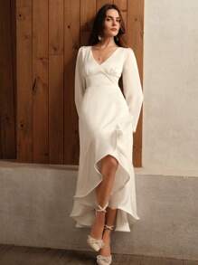 Anewsta Elegant Satin Ruffle Waist Slimming Long Dress For Women - White - View 6