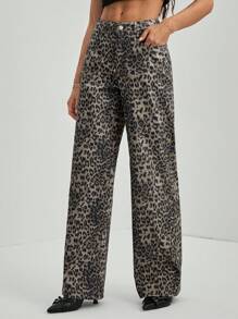 SHEIN Tall Women's Leopard Print Simple Daily Wear Long Low Waist Pants - Multicolor - View 3
