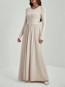 SHEIN Tall Women's Elegant Solid Color Round Neck Long Sleeve Ruched Long Dress - Apricot - View 6