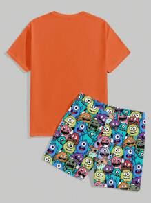 Manfinity Homme Men's Crew Neck Short Sleeve Simple Cartoon Graphic T-Shirt And Slant Pocket Shorts Casual Set - Orange - View 2